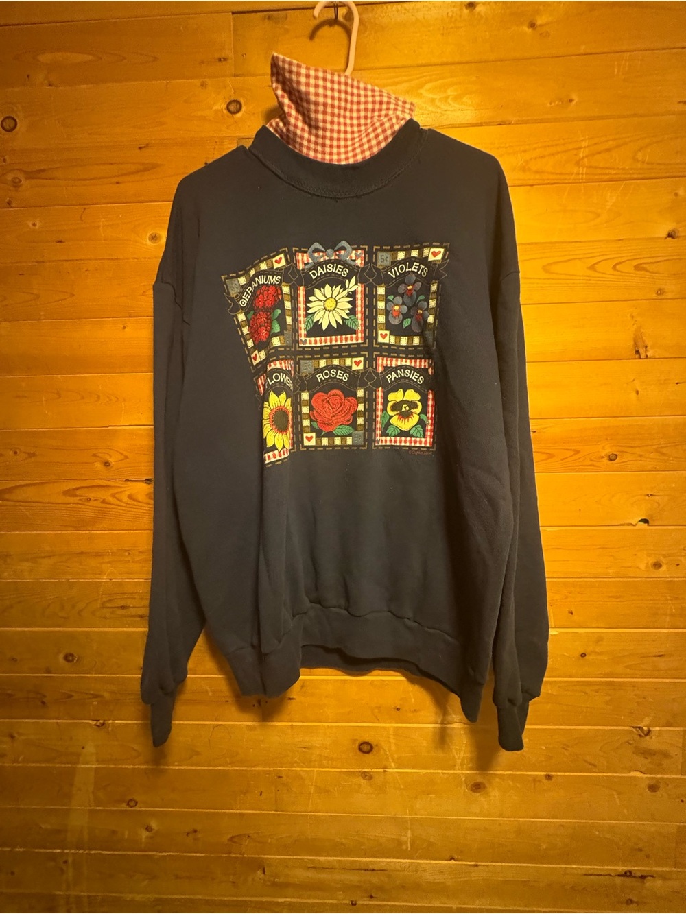 Vintage Navy Cotton Pullover Crew Neck Sweatshirt Floral Graphic Print XL